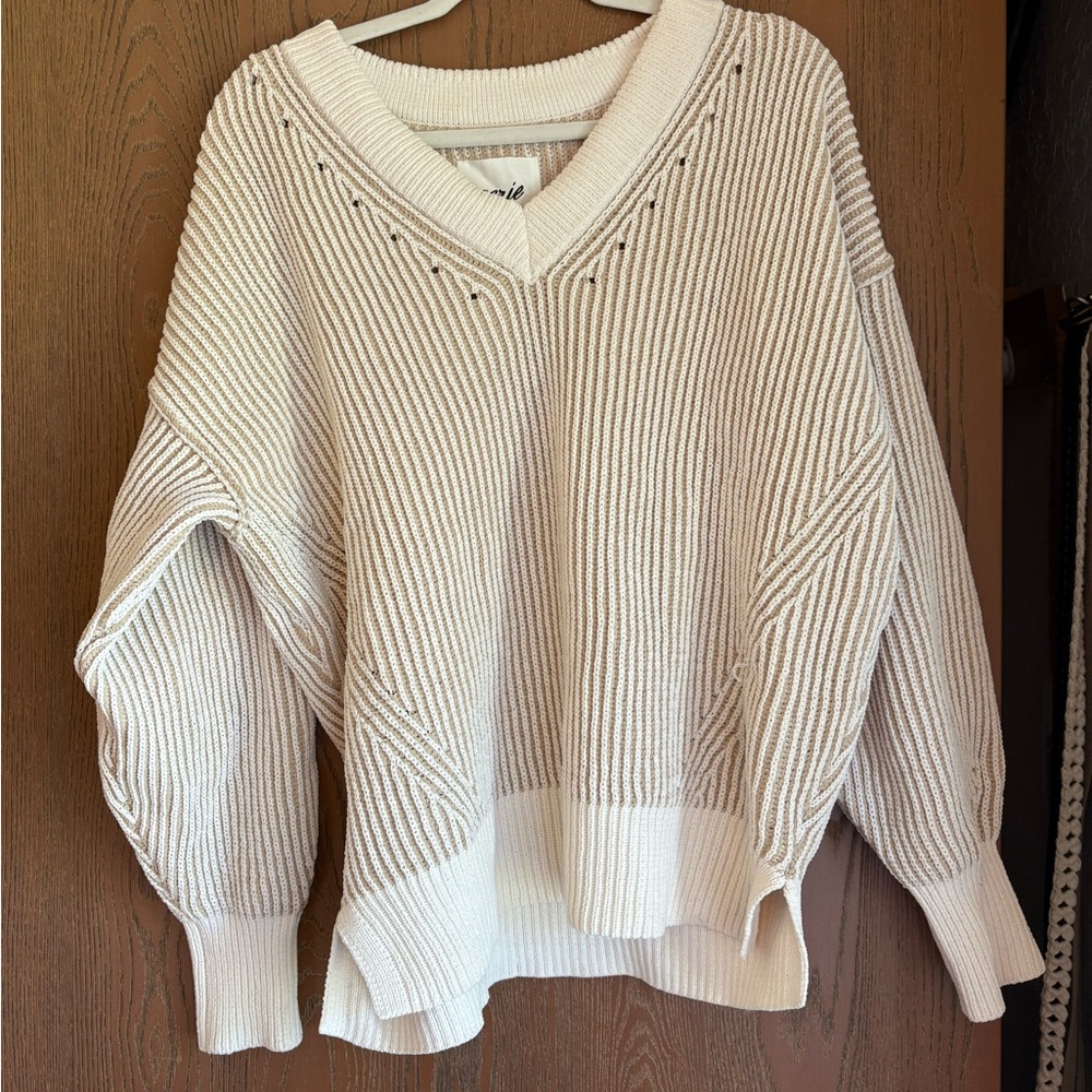 Aerie Beyond Chenille V Neck Sweater - Cream Striped